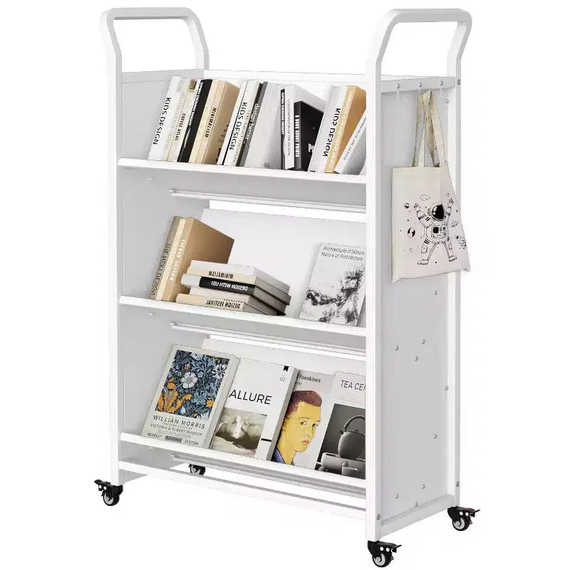 3-Tier Metal Rolling Storage Cart with Lockable Wheels and Side Hooks, White Finish, Versatile Shelving Unit for Home, Library, School, and Office