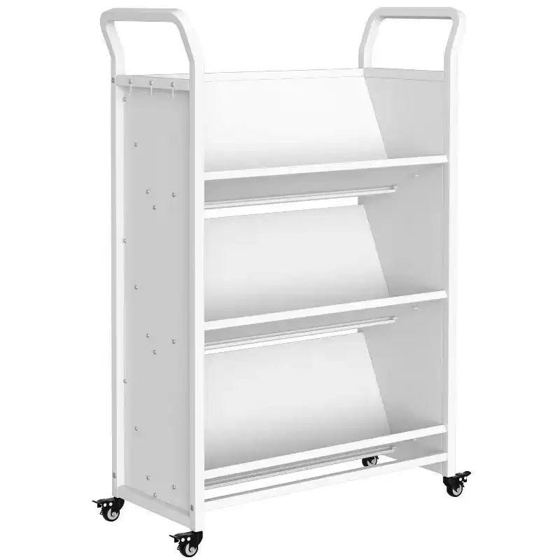 Chariot de rangement roulant en métal à 3 niveaux avec roulettes verrouillables et crochets latéraux, finition blanche, étagère polyvalente pour la maison, la bibliothèque, l'école et le bureau