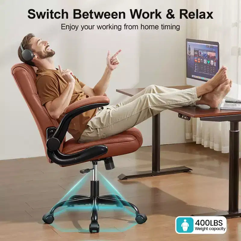 Chaise de bureau de direction en cuir PU, Chaise de bureau ergonomique à dossier haut avec hauteur réglable, Accoudoirs relevables Siège confortable pour le bureau à domicile