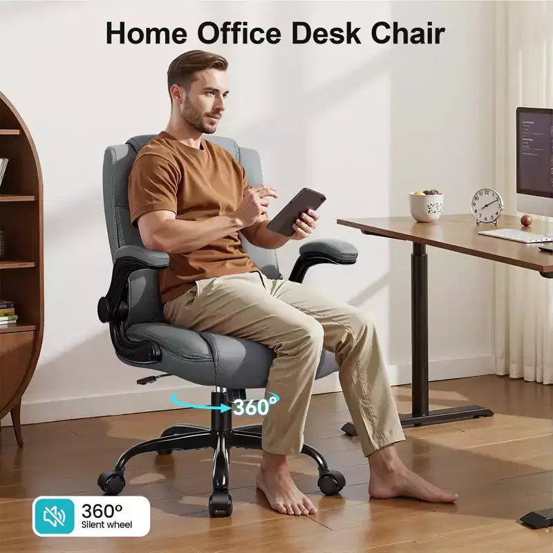 Chaise de bureau de direction en cuir PU, Chaise de bureau ergonomique à dossier haut avec hauteur réglable, Accoudoirs relevables Siège confortable pour le bureau à domicile