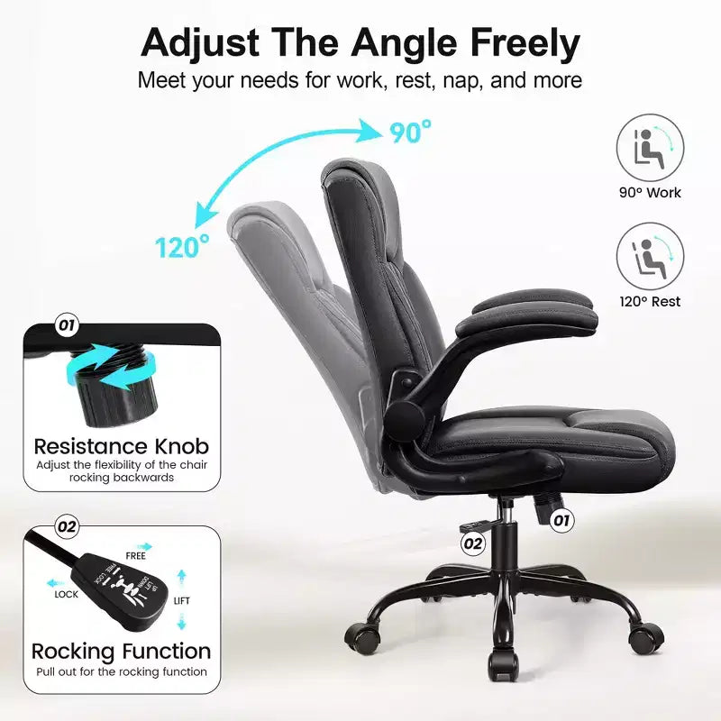Chaise de bureau de direction en cuir PU, Chaise de bureau ergonomique à dossier haut avec hauteur réglable, Accoudoirs relevables Siège confortable pour le bureau à domicile