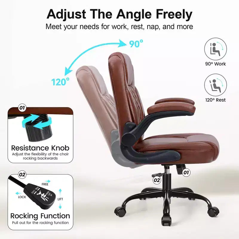 Chaise de bureau de direction en cuir PU, Chaise de bureau ergonomique à dossier haut avec hauteur réglable, Accoudoirs relevables Siège confortable pour le bureau à domicile