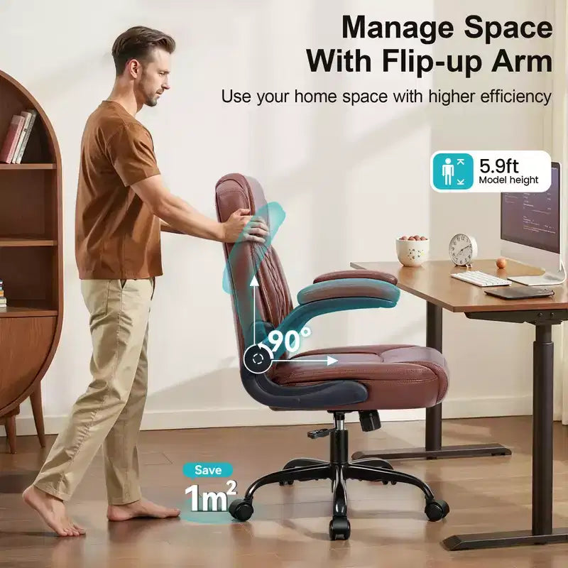 Chaise de bureau de direction en cuir PU, Chaise de bureau ergonomique à dossier haut avec hauteur réglable, Accoudoirs relevables Siège confortable pour le bureau à domicile