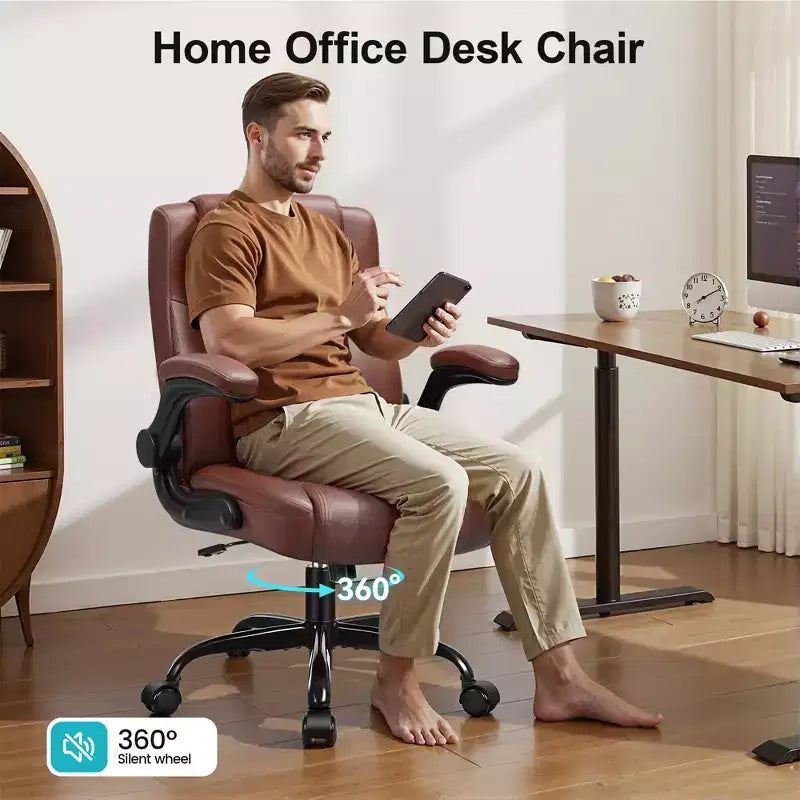 Chaise de bureau de direction en cuir PU, Chaise de bureau ergonomique à dossier haut avec hauteur réglable, Accoudoirs relevables Siège confortable pour le bureau à domicile