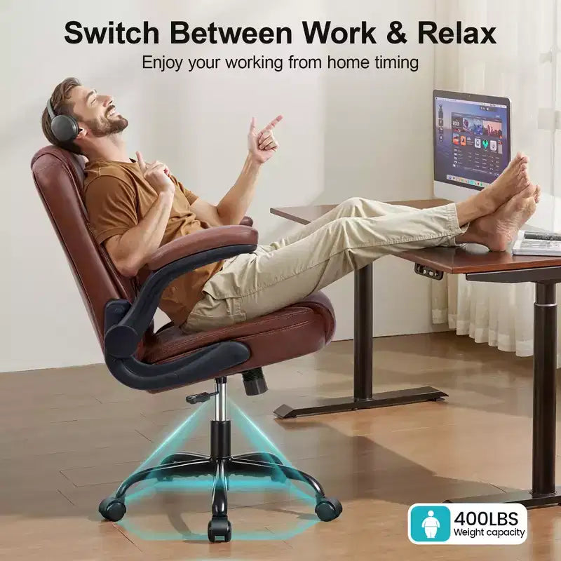 Chaise de bureau de direction en cuir PU, Chaise de bureau ergonomique à dossier haut avec hauteur réglable, Accoudoirs relevables Siège confortable pour le bureau à domicile