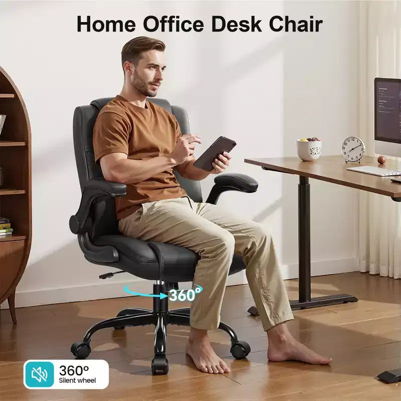 Chaise de bureau de direction en cuir PU, Chaise de bureau ergonomique à dossier haut avec hauteur réglable, Accoudoirs relevables Siège confortable pour le bureau à domicile