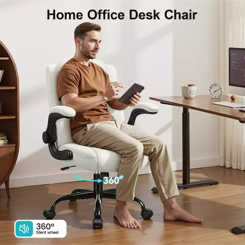 Chaise de bureau de direction en cuir PU, Chaise de bureau ergonomique à dossier haut avec hauteur réglable, Accoudoirs relevables Siège confortable pour le bureau à domicile