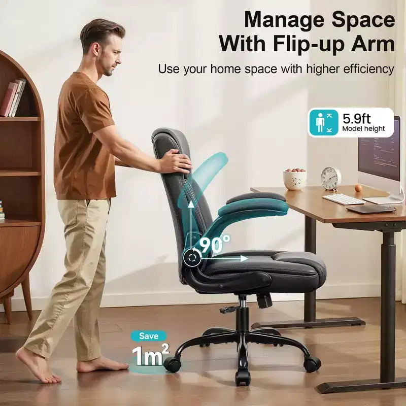 Chaise de bureau de direction en cuir PU, Chaise de bureau ergonomique à dossier haut avec hauteur réglable, Accoudoirs relevables Siège confortable pour le bureau à domicile