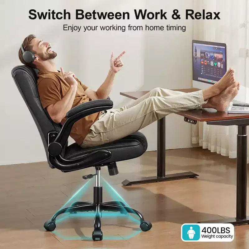 Chaise de bureau de direction en cuir PU, Chaise de bureau ergonomique à dossier haut avec hauteur réglable, Accoudoirs relevables Siège confortable pour le bureau à domicile