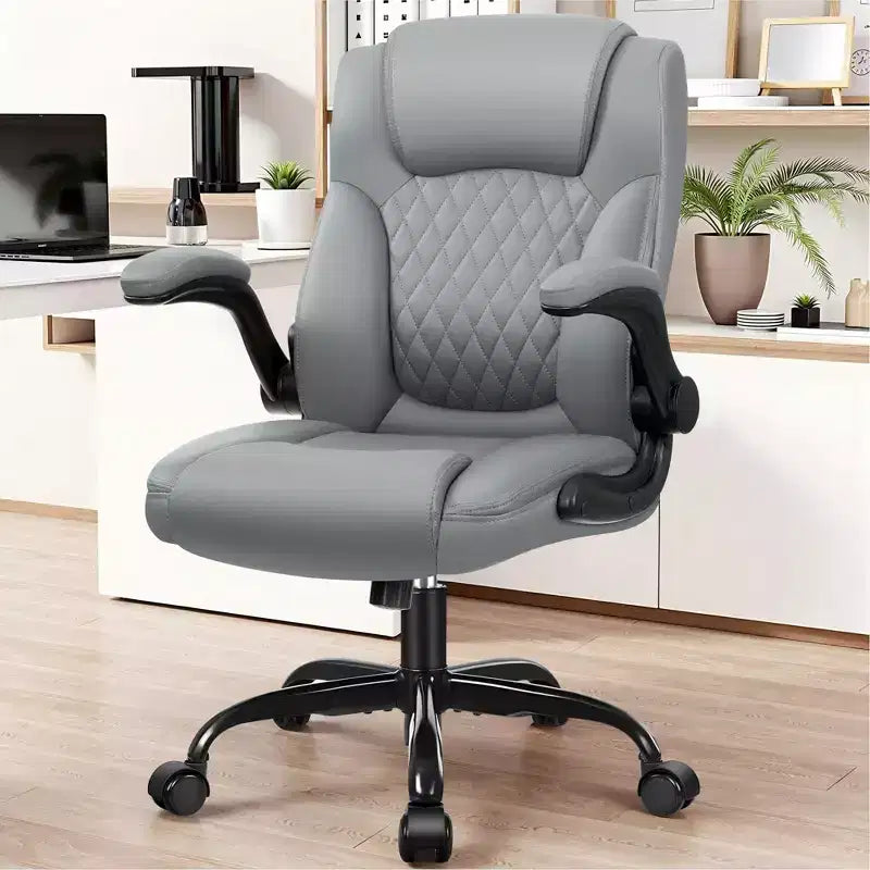 Chaise de bureau de direction en cuir PU, Chaise de bureau ergonomique à dossier haut avec hauteur réglable, Accoudoirs relevables Siège confortable pour le bureau à domicile