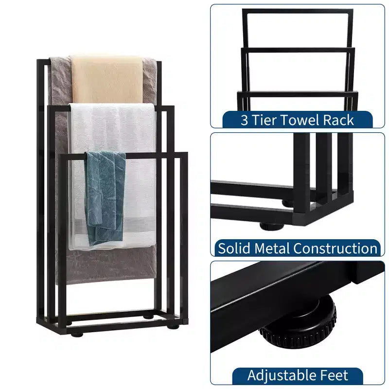Séchoir à serviettes autoportant de 96,5 cm, porte-serviettes à 3 niveaux, séchoir et présentoir à couvertures en acier pour salle de bain, chambre, spa, piscine