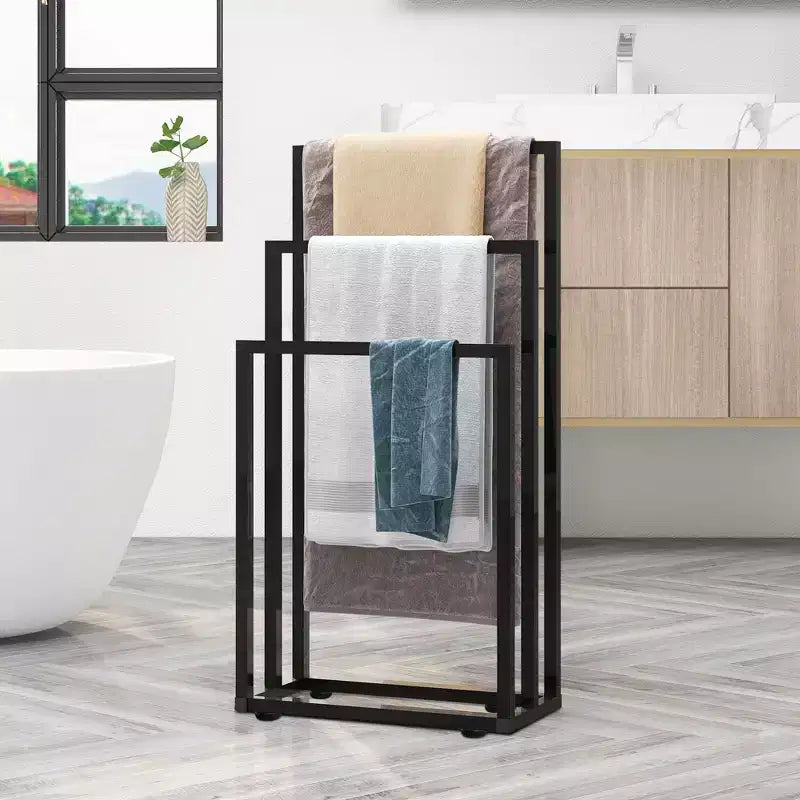 Séchoir à serviettes autoportant de 96,5 cm, porte-serviettes à 3 niveaux, séchoir et présentoir à couvertures en acier pour salle de bain, chambre, spa, piscine