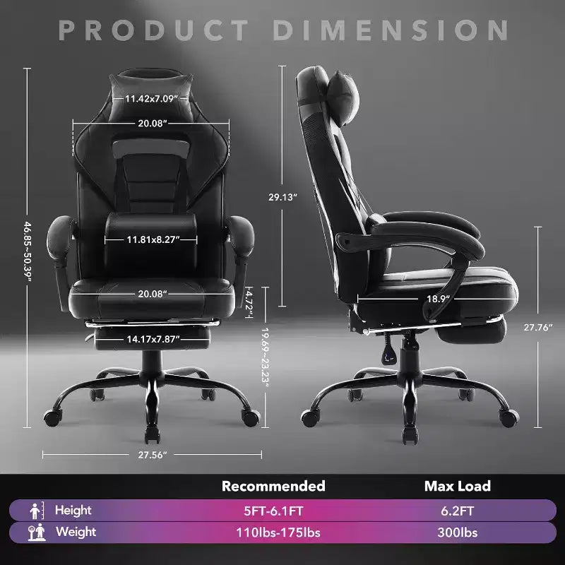 Chaise de jeu ergonomique Acekool pour adultes, cuir PU, massage lombaire, repose-pieds, réglable, pour bureau ou jeu