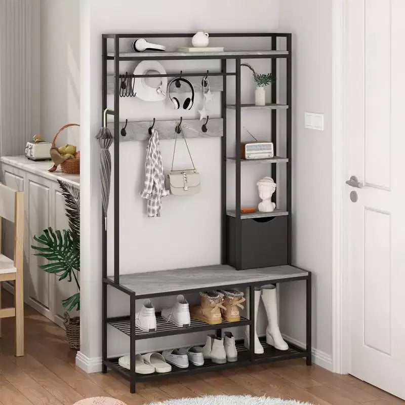 Porte-manteau 5-en-1, Meuble d'entrée avec banc et rangement pour chaussures, Banc d'entrée autoportant avec étagères ouvertes à 5 niveaux, Panier de rangement en tissu et 12 crochets