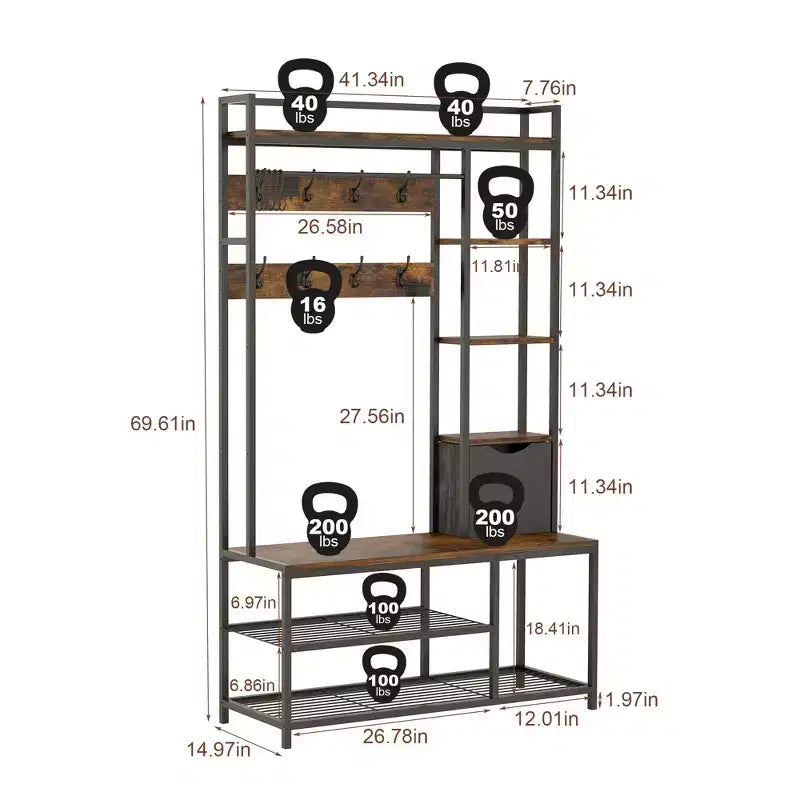 Porte-manteau 5-en-1, Meuble d'entrée avec banc et rangement pour chaussures, Banc d'entrée autoportant avec étagères ouvertes à 5 niveaux, Panier de rangement en tissu et 12 crochets