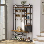 5-in-1 Coat Rack, Hall Tree with Bench and Shoe Storage, Freestanding Entryway Bench with 5-Tier Open Shelves, Fabric Storage Basket and 12 Hooks