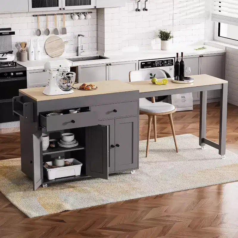 74,5 desserte de cuisine roulante sur roulettes avec plateau extensible, porte-épices, 2 tiroirs et 4 portes ; chariot gris pour la maison, la cuisine ou le garage