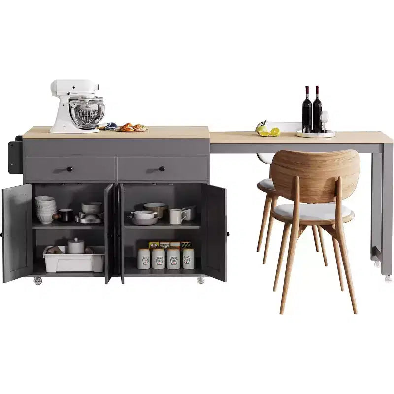 74,5 desserte de cuisine roulante sur roulettes avec plateau extensible, porte-épices, 2 tiroirs et 4 portes ; chariot gris pour la maison, la cuisine ou le garage