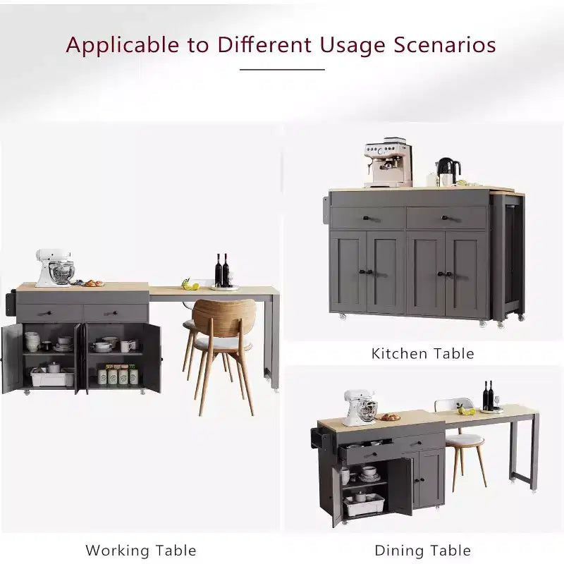 74,5 desserte de cuisine roulante sur roulettes avec plateau extensible, porte-épices, 2 tiroirs et 4 portes ; chariot gris pour la maison, la cuisine ou le garage