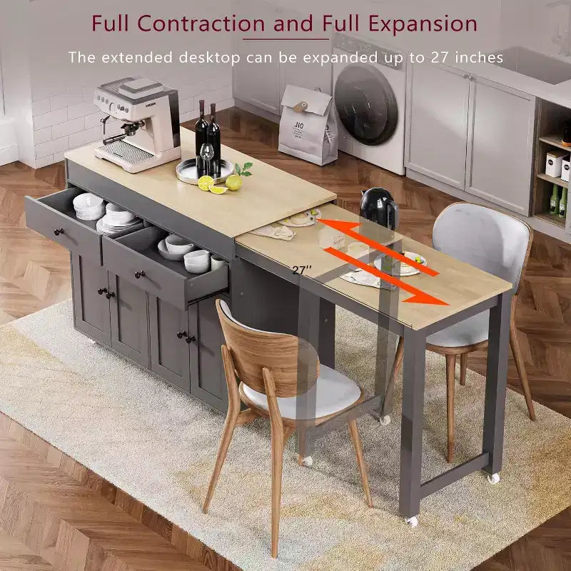 74,5 desserte de cuisine roulante sur roulettes avec plateau extensible, porte-épices, 2 tiroirs et 4 portes ; chariot gris pour la maison, la cuisine ou le garage
