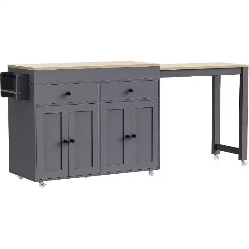 74,5 desserte de cuisine roulante sur roulettes avec plateau extensible, porte-épices, 2 tiroirs et 4 portes ; chariot gris pour la maison, la cuisine ou le garage
