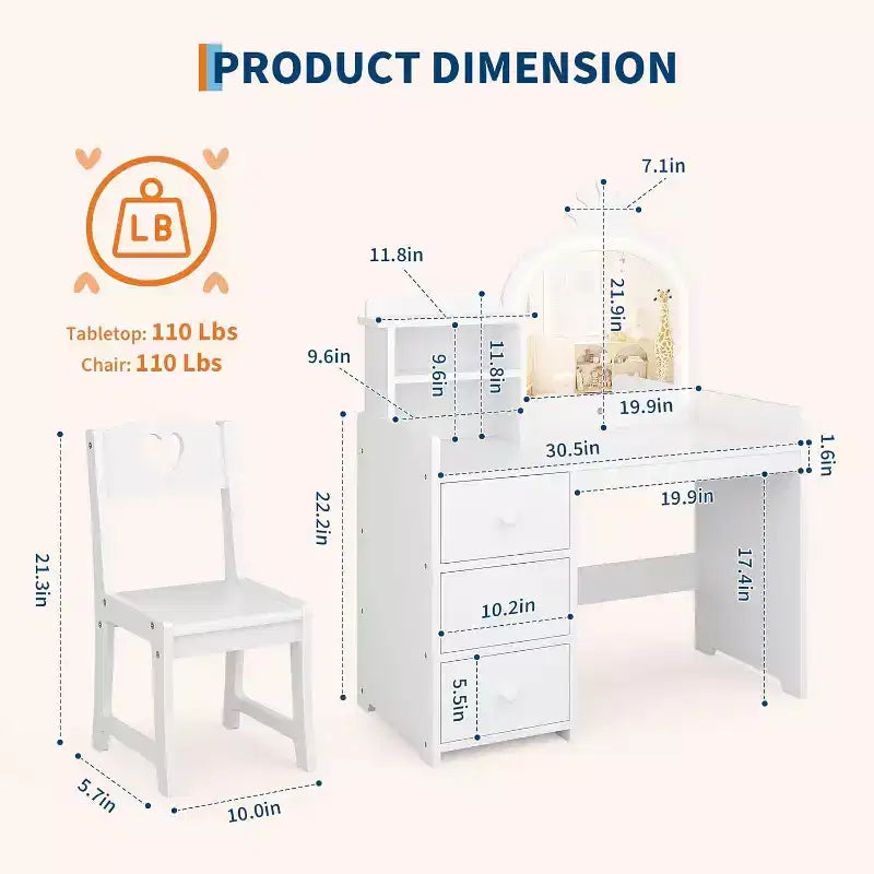 Coiffeuse pour Enfants Acekool avec Lumières, Table de Maquillage Princesse 2-en-1 avec Tabouret et Tiroirs, Bureau Convertible pour Chambre à Coucher