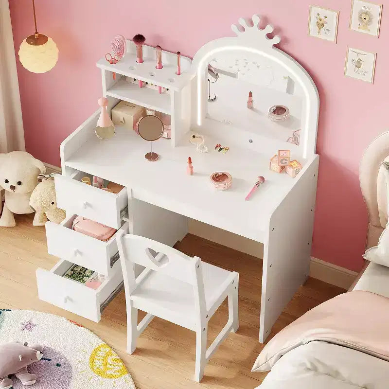 Coiffeuse pour Enfants Acekool avec Lumières, Table de Maquillage Princesse 2-en-1 avec Tabouret et Tiroirs, Bureau Convertible pour Chambre à Coucher