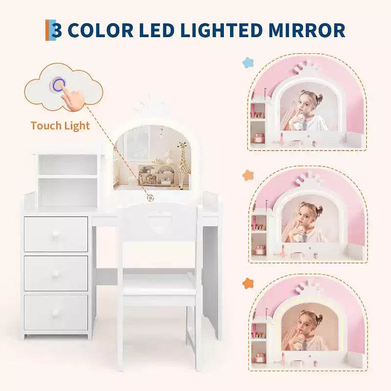 Coiffeuse pour Enfants Acekool avec Lumières, Table de Maquillage Princesse 2-en-1 avec Tabouret et Tiroirs, Bureau Convertible pour Chambre à Coucher