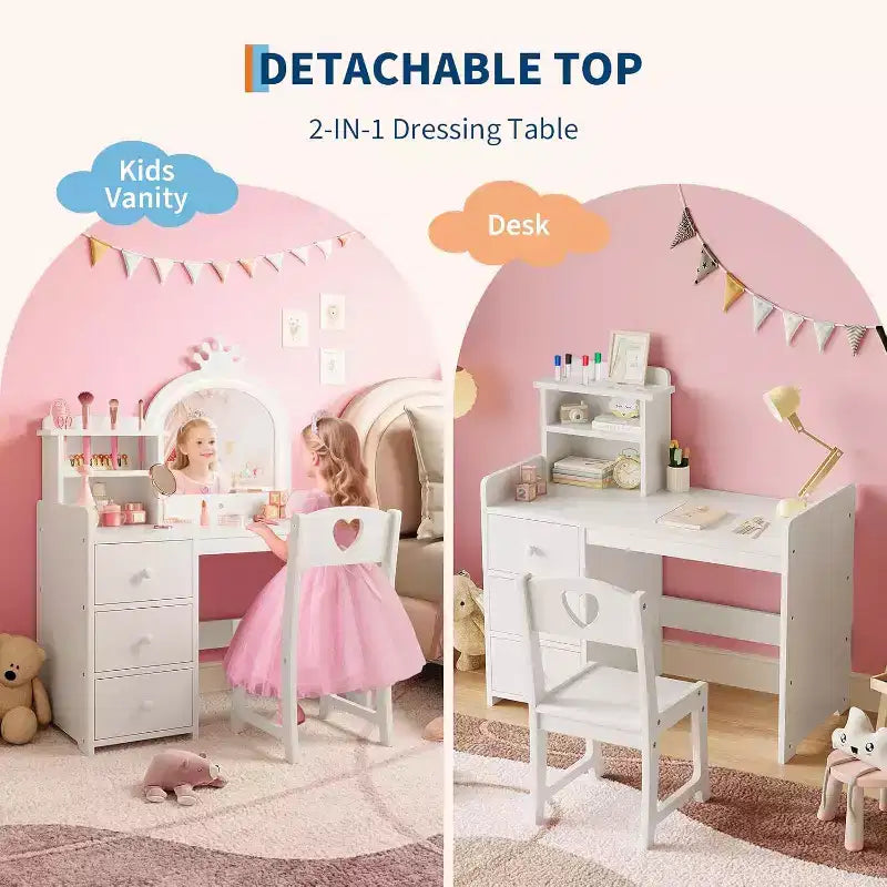 Coiffeuse pour Enfants Acekool avec Lumières, Table de Maquillage Princesse 2-en-1 avec Tabouret et Tiroirs, Bureau Convertible pour Chambre à Coucher