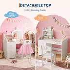Coiffeuse pour Enfants Acekool avec Lumières, Table de Maquillage Princesse 2-en-1 avec Tabouret et Tiroirs, Bureau Convertible pour Chambre à Coucher