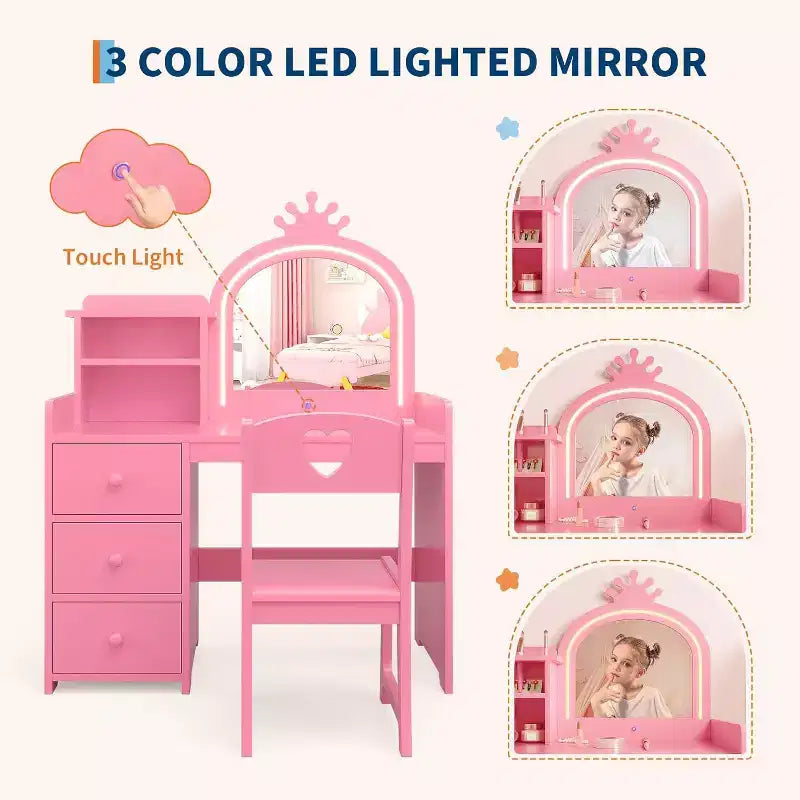 Coiffeuse pour Enfants Acekool avec Lumières, Table de Maquillage Princesse 2-en-1 avec Tabouret et Tiroirs, Bureau Convertible pour Chambre à Coucher