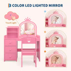Coiffeuse pour Enfants Acekool avec Lumières, Table de Maquillage Princesse 2-en-1 avec Tabouret et Tiroirs, Bureau Convertible pour Chambre à Coucher
