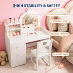 Coiffeuse pour Enfants Acekool avec Lumières, Table de Maquillage Princesse 2-en-1 avec Tabouret et Tiroirs, Bureau Convertible pour Chambre à Coucher