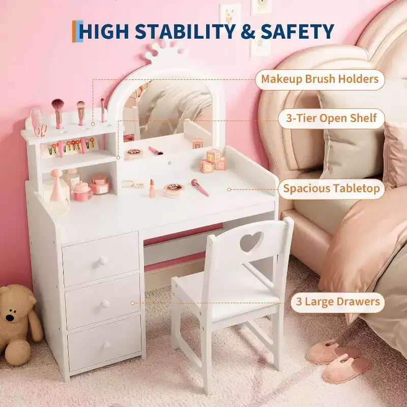 Coiffeuse pour Enfants Acekool avec Lumières, Table de Maquillage Princesse 2-en-1 avec Tabouret et Tiroirs, Bureau Convertible pour Chambre à Coucher