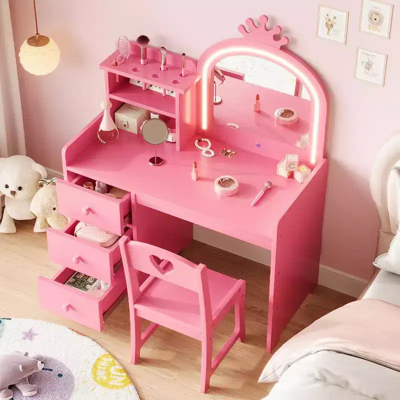 Coiffeuse pour Enfants Acekool avec Lumières, Table de Maquillage Princesse 2-en-1 avec Tabouret et Tiroirs, Bureau Convertible pour Chambre à Coucher