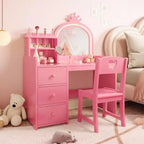 Coiffeuse pour Enfants Acekool avec Lumières, Table de Maquillage Princesse 2-en-1 avec Tabouret et Tiroirs, Bureau Convertible pour Chambre à Coucher