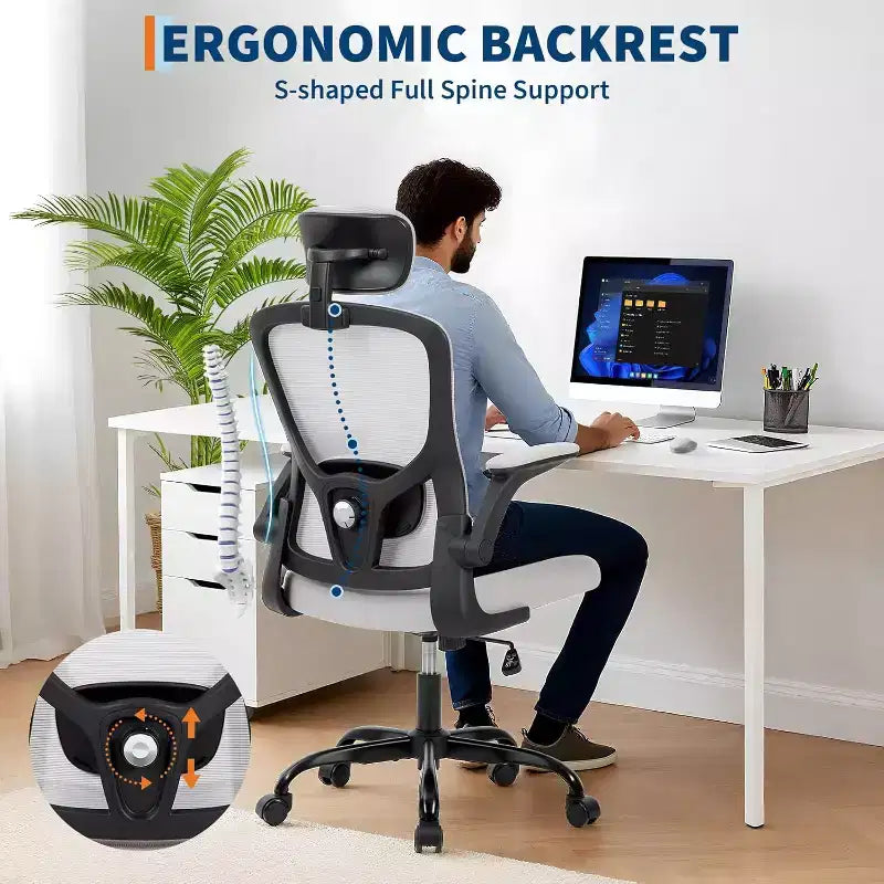 Chaise de bureau ergonomique Acekool avec appui-tête réglable, accoudoirs relevables, chaise de bureau en maille pour bureau à domicile