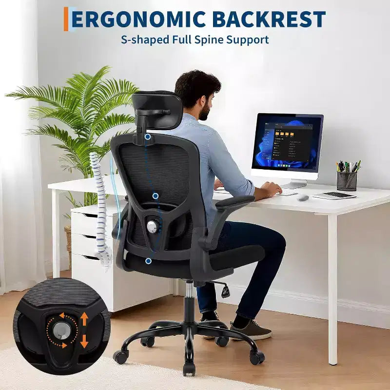 Chaise de bureau ergonomique Acekool avec appui-tête réglable, accoudoirs relevables, chaise de bureau en maille pour bureau à domicile