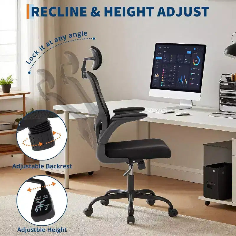Chaise de bureau ergonomique Acekool avec appui-tête réglable, accoudoirs relevables, chaise de bureau en maille pour bureau à domicile