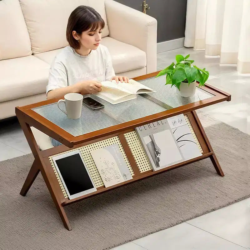Rattan Coffee Table with Glass Top, Mid Century Modern Center Table with Magazine Rack Storage, Bamboo Z-Shaped Living Room Accent Table for Sofa