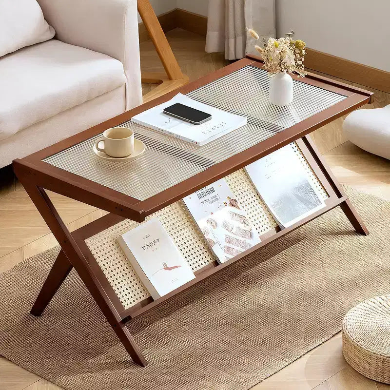 Table basse en rotin avec plateau en verre, table d'appoint de style moderne du milieu du siècle avec porte-revues intégré, table d'appoint de salon en bambou en forme de Z pour canapé