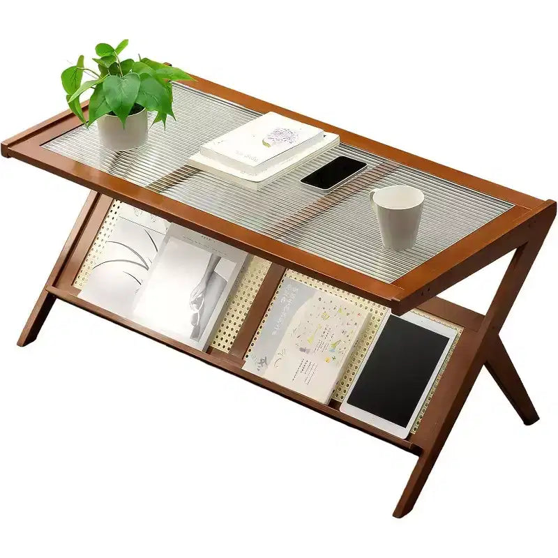 Table basse en rotin avec plateau en verre, table d'appoint de style moderne du milieu du siècle avec porte-revues intégré, table d'appoint de salon en bambou en forme de Z pour canapé