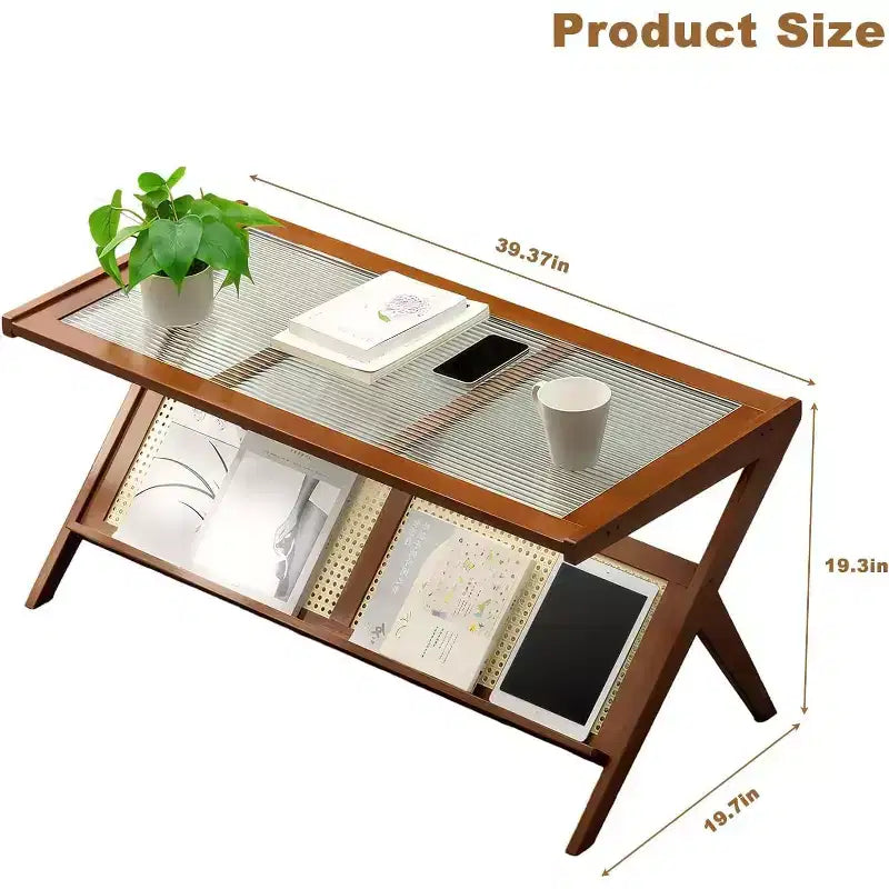 Table basse en rotin avec plateau en verre, table d'appoint de style moderne du milieu du siècle avec porte-revues intégré, table d'appoint de salon en bambou en forme de Z pour canapé