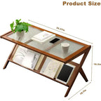 Table basse en rotin avec plateau en verre, table d'appoint de style moderne du milieu du siècle avec porte-revues intégré, table d'appoint de salon en bambou en forme de Z pour canapé
