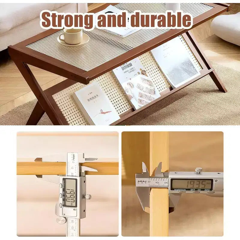 Table basse en rotin avec plateau en verre, table d'appoint de style moderne du milieu du siècle avec porte-revues intégré, table d'appoint de salon en bambou en forme de Z pour canapé