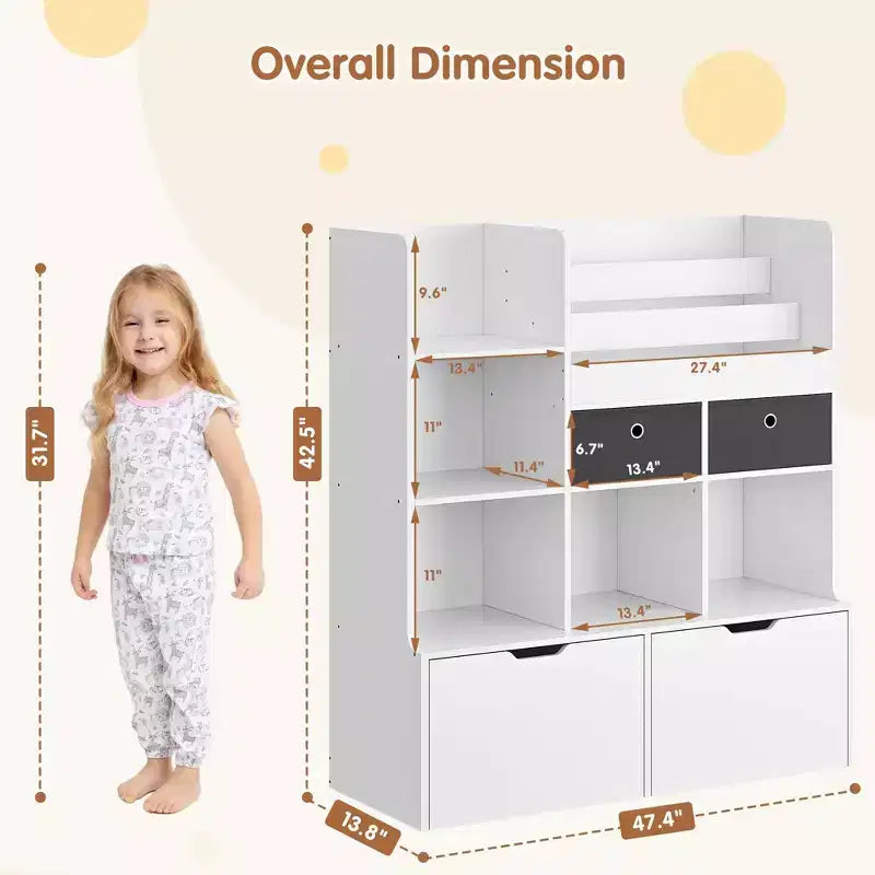 Bibliothèque enfant 47,8 pouces avec tiroirs, meuble de rangement pour jouets moderne, armoire de rangement au sol avec casiers en bois, coffre à jouets pour salle de jeux, chambre d'enfant, chambre de bébé