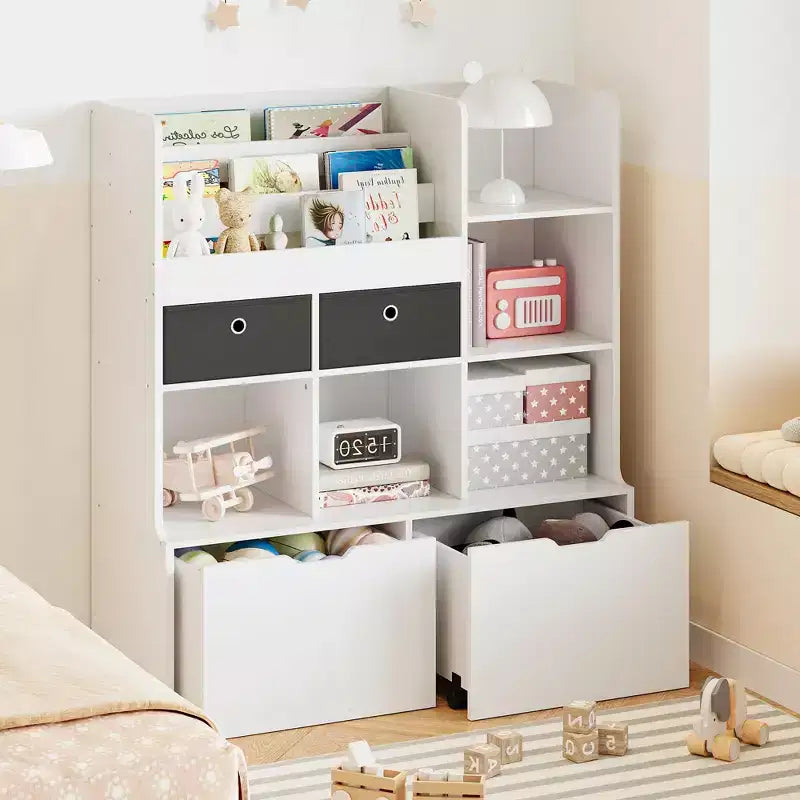 Bibliothèque enfant 47,8 pouces avec tiroirs, meuble de rangement pour jouets moderne, armoire de rangement au sol avec casiers en bois, coffre à jouets pour salle de jeux, chambre d'enfant, chambre de bébé