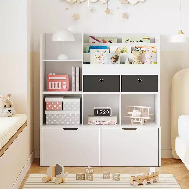 Bibliothèque enfant 47,8 pouces avec tiroirs, meuble de rangement pour jouets moderne, armoire de rangement au sol avec casiers en bois, coffre à jouets pour salle de jeux, chambre d'enfant, chambre de bébé