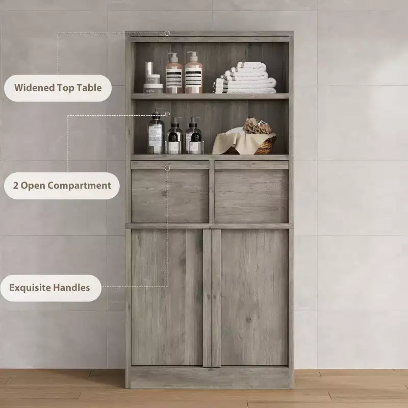 Meuble de salle de bain haut Acekool, meuble de rangement avec étagères fermées et tiroirs pour salle de bain ou cuisine