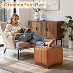 Bekrvio Cube Pouf Ottoman avec Base Effet Bois, Repose-pieds Rembourré en Laine d'Agneau/Cuir avec Cadre en Bois d'Acacia Massif (227 kg), Ottoman de Salon
